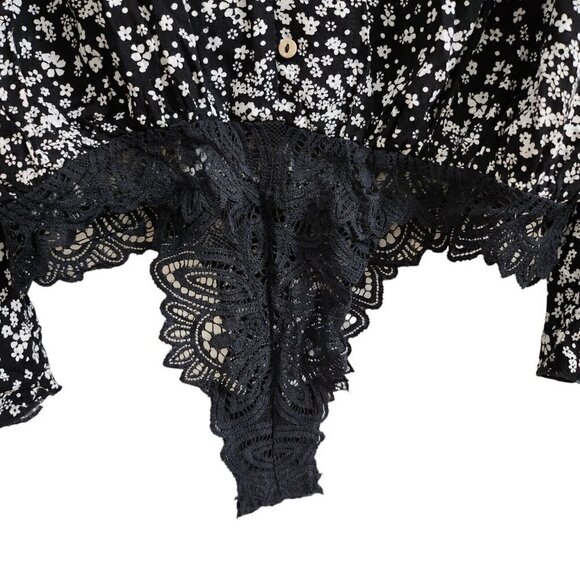 Intimately Free People Blouse S Black Ditsy Floral Bodysuit Dramatical‎ Ruffled - Picture 6 of 15